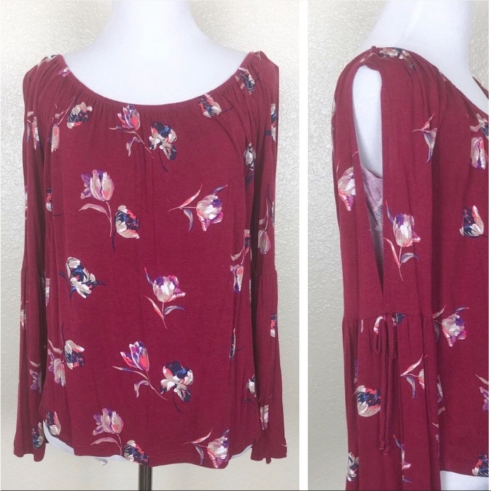 ID Identity Deep Red Floral Cold Shoulder Boho Top -  Size Large (Juniors)